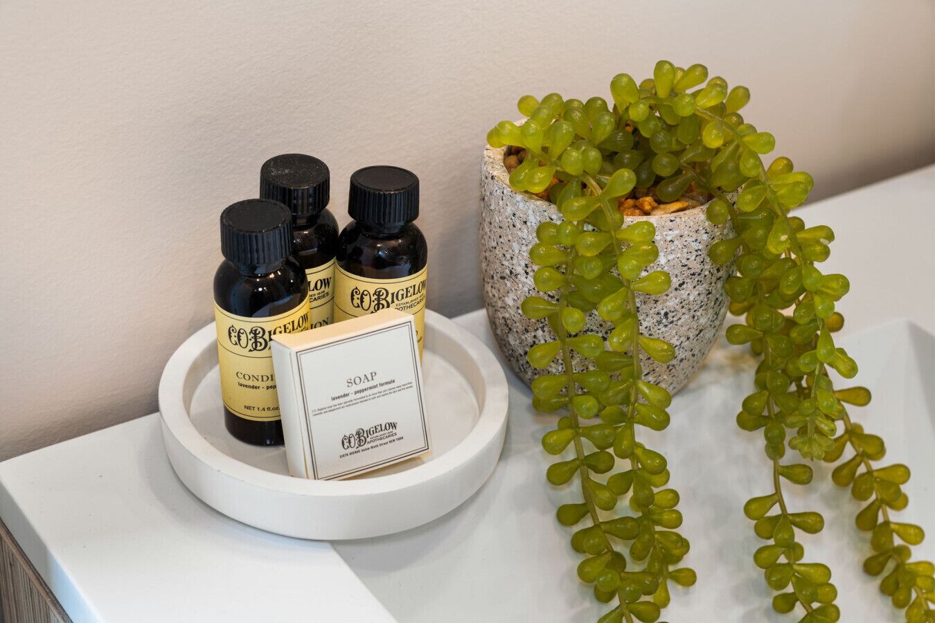 A white surface with three bottles of Bigelow soap, a soap bar, and a potted plant with green leaves.