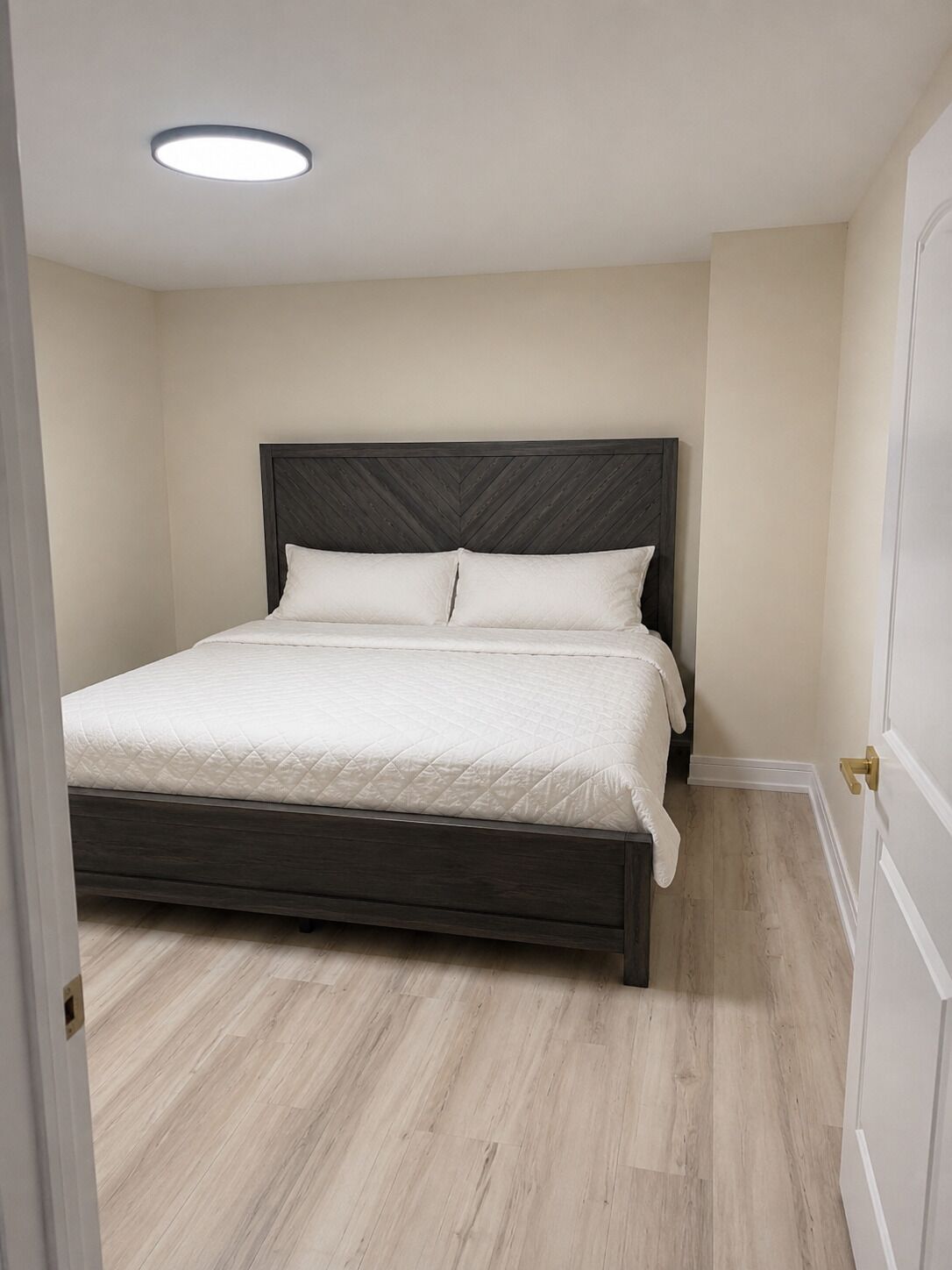 A bedroom with a bed, a ceiling light, and a door.