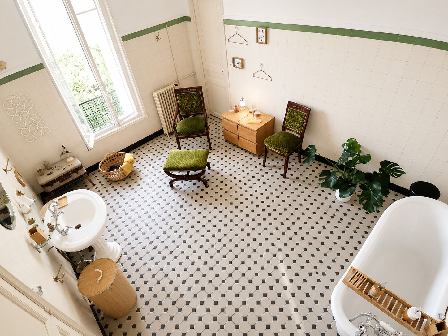 Un bagno con lavandino bianco, mobiletto in legno, uno sgabello imbottito verde e una pianta in vaso di grandi dimensioni.