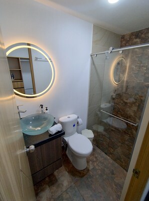 Shower, bidet, towels, soap