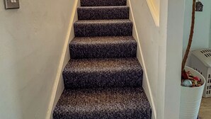 Un escalier recouvert de moquette, doté d’une main courante, qui mène à une porte située en haut.