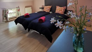 A bedroom with two beds, a window with floral curtains, a vase with flowers, and a hanging light fixture. - La Cense du pont. Gîte in square farmhouse. Lille and Tournai campaign. (Bachy)