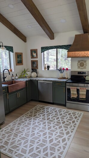 Une cuisine avec des meubles de couleur vert foncé, un évier en cuivre, un lave-vaisselle en acier inoxydable et une cuisinière noire.