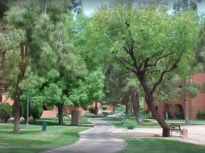 A pathway through a landscaped area with trees and a building in the background. - CASA GINA - Anasazi Village - Pool View (Phoenix)