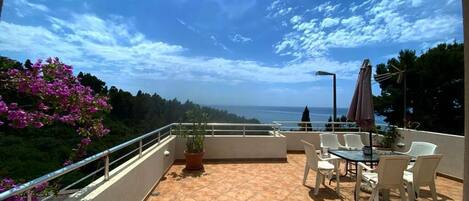 Una terrazza con tavolo e sedie, una pianta in vaso e vista sul mare.