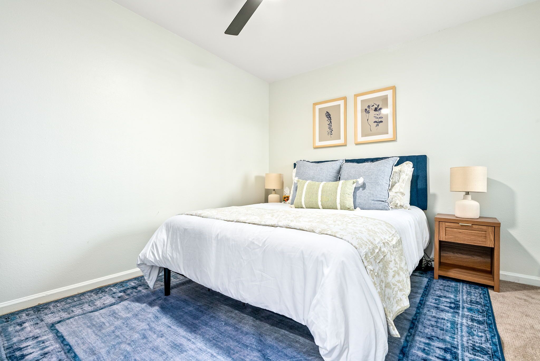 A bedroom with a bed, two wall-mounted picture frames, a bedside table with a lamp, and a blue patterned rug.