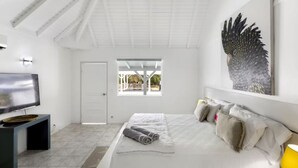 Een slaapkamer met een bed, een televisie, een raam en een deur.