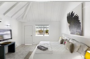 Ein Schlafzimmer mit Bett, Fernseher, Fenster und Tür.