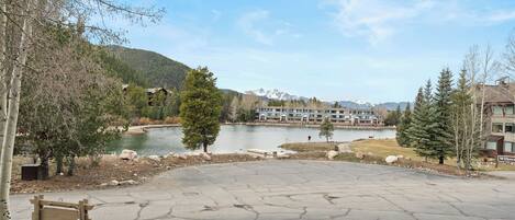 A lakeside view with a paved area, trees, and a building labeled 'Willows.'