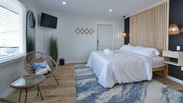 A bedroom with a bed, a chair, a TV, and a window with blinds. - SIngle Room - 1 King Bed -Valley View (Himrod)