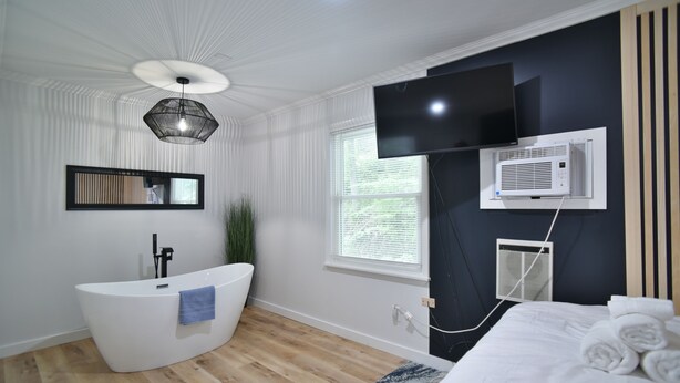 Une chambre d’hôtel moderne dotée d’une baignoire sur pieds, d’un téléviseur à écran plat, d’un climatiseur mural et d’une grande fenêtre.