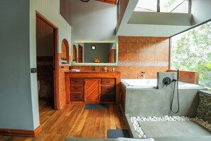 Shower, jetted tub, hair dryer, bidet