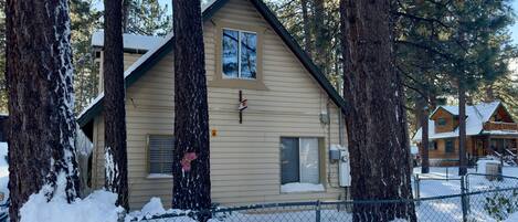 A two-story log cabin with a gabled roof, surrounded by tall pine trees and covered in snow.