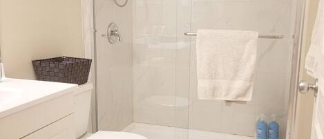 Douche, séchoir à cheveux, serviettes fournies, savon