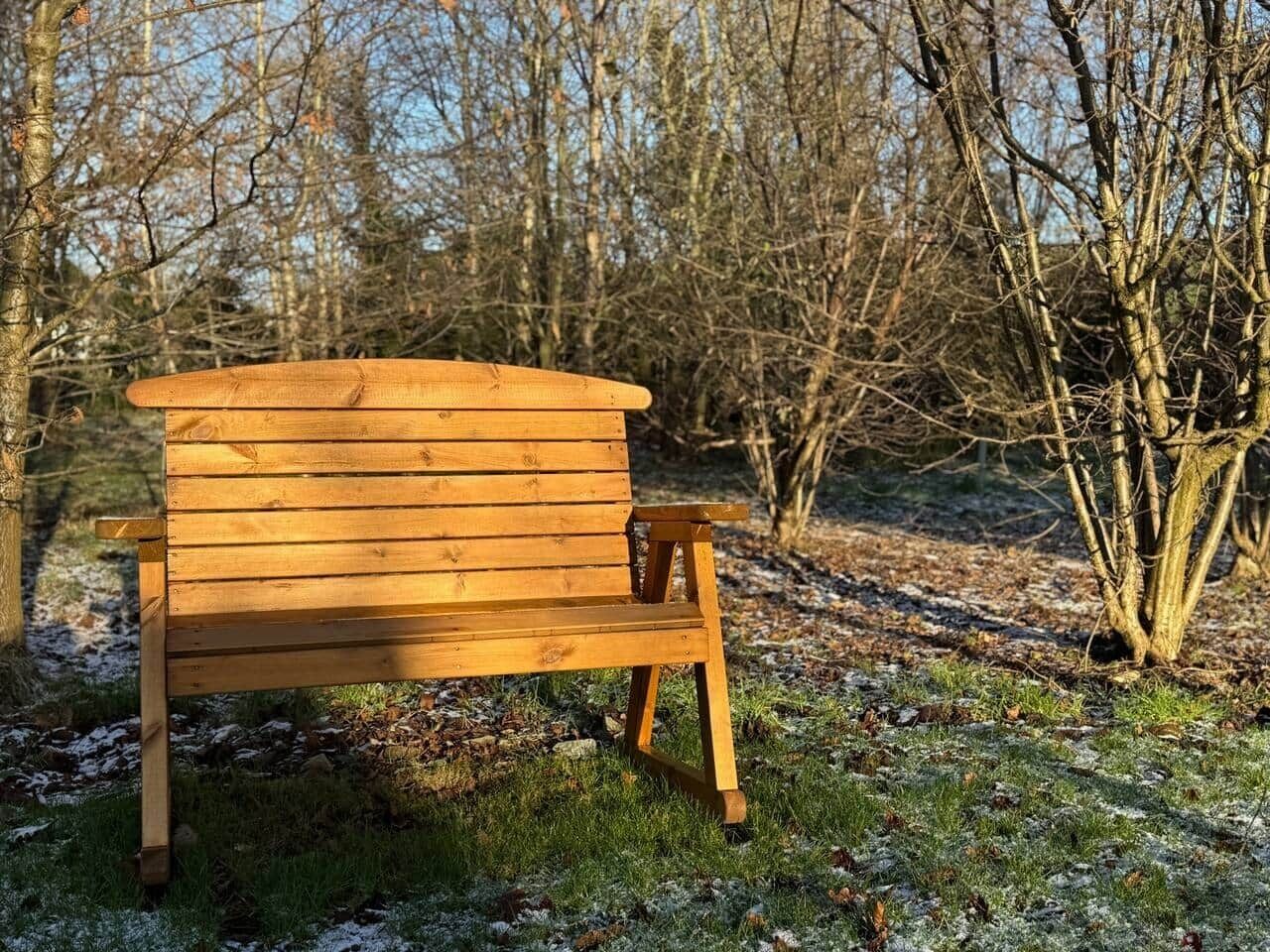 Una panchina in legno in un ambiente naturale con alberi e erba.