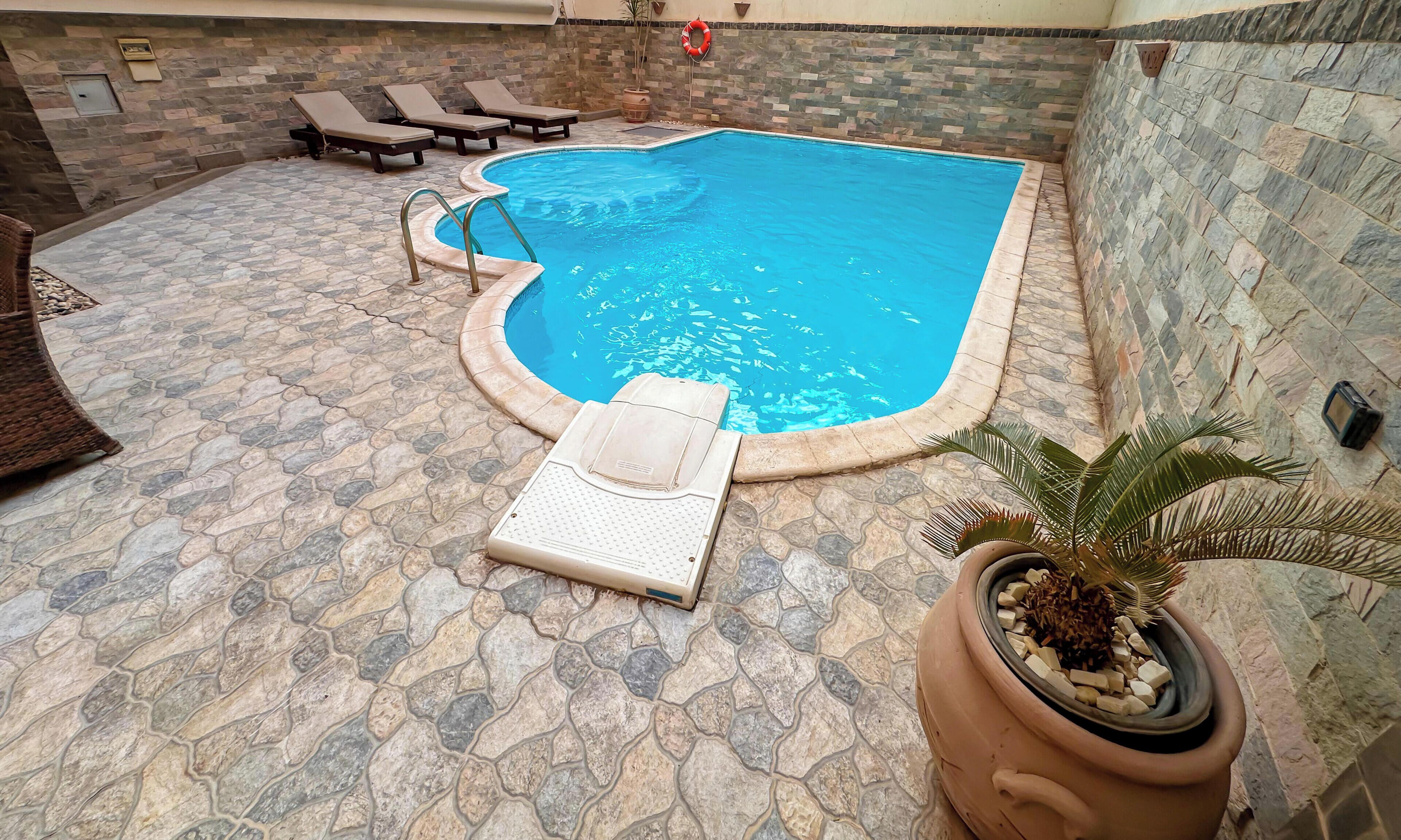 Una piscina amb gandules, un bou salvavides i una planta en test.