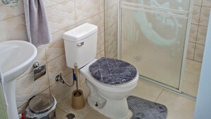 A bathroom with a toilet, sink, shower, and a glass door.