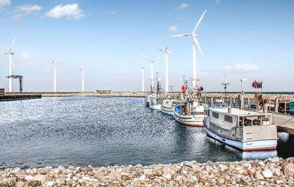 A marina with boats docked, a rocky shoreline, and wind turbines in the background.