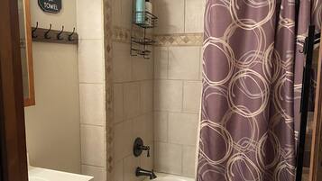 Hair dryer, towels, soap, shampoo