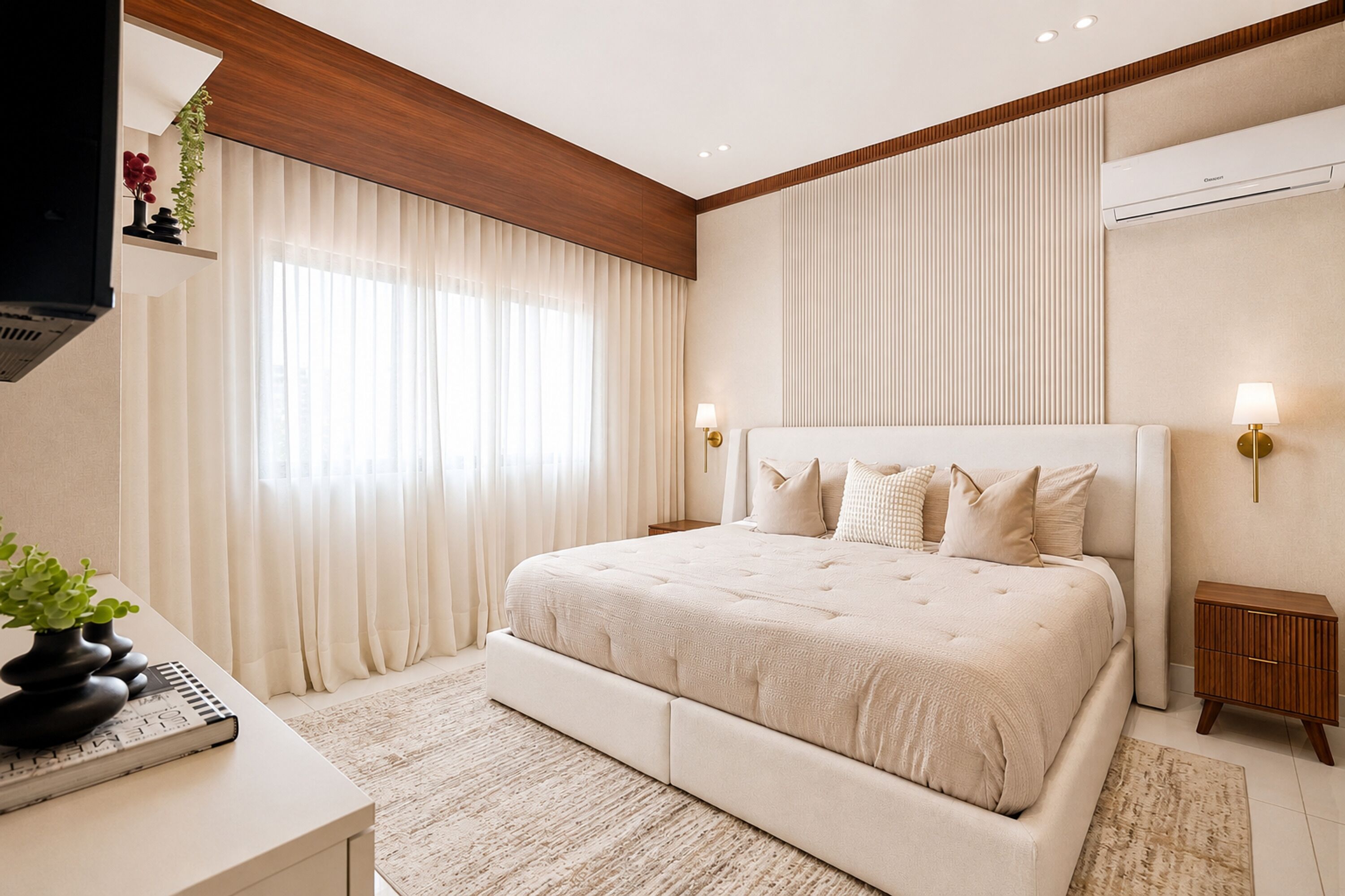 Un dormitorio con una cama grande, mesitas de noche, un equipo de aire acondicionado y una ventana con cortinas.
