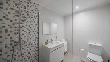 Shower, hair dryer, towels