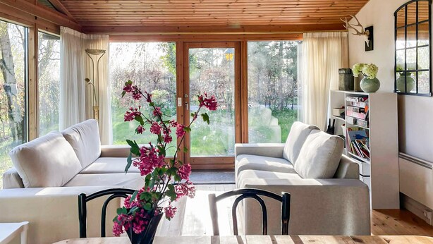 Una sala de estar acogedora con dos sofás, una mesa de comedor y un florero con flores.