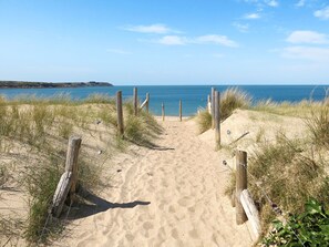 Ein sandiger Küstenweg führt zum Meer, gesäumt von Holzpfählen, mit blauem Himmel.