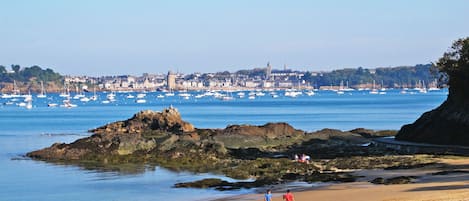 A beach with people relaxing, a seagull, and boats in the background.