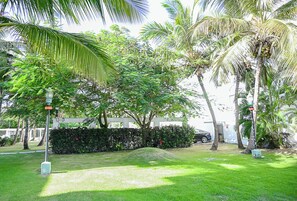 A lush garden with palm trees, a white fence, and a grassy area with a small mound. - Modern 2-Bedroom Apartment in Bibijagua | Enjoy the Beach Just Steps Away (Playa Bibijagua)
