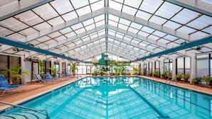 An indoor swimming pool with clear glass ceilings, blue lounge chairs, and potted plants. - 2 Bedroom Condo W/ View of Bay & Ocean (Ocean City)
