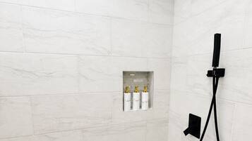 Hair dryer, towels, soap, toilet paper