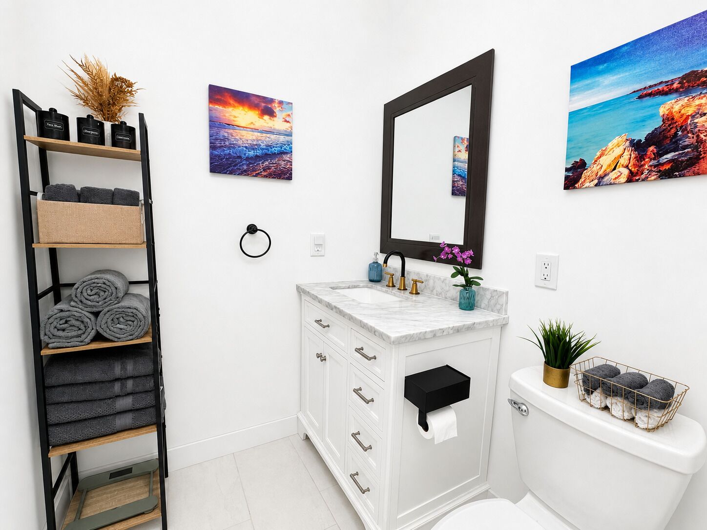 Hair dryer, towels, soap, toilet paper