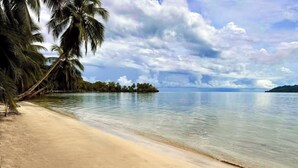 Ein Strand mit klarem Wasser, Palmen und einer entfernten Insel.