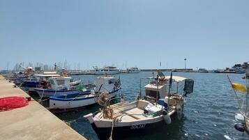 Um porto com vários barcos atracados, um cais de concreto e um céu azul límpido.
