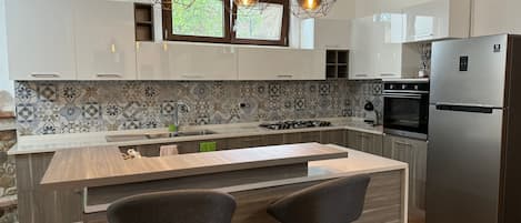 Fridge, oven, cookware/dishes/utensils