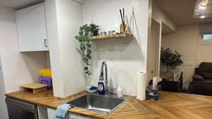 Een keuken met een vaatwasser, een spoelbak, een houten aanrecht, een hangplant en een klein schap met spullen.
