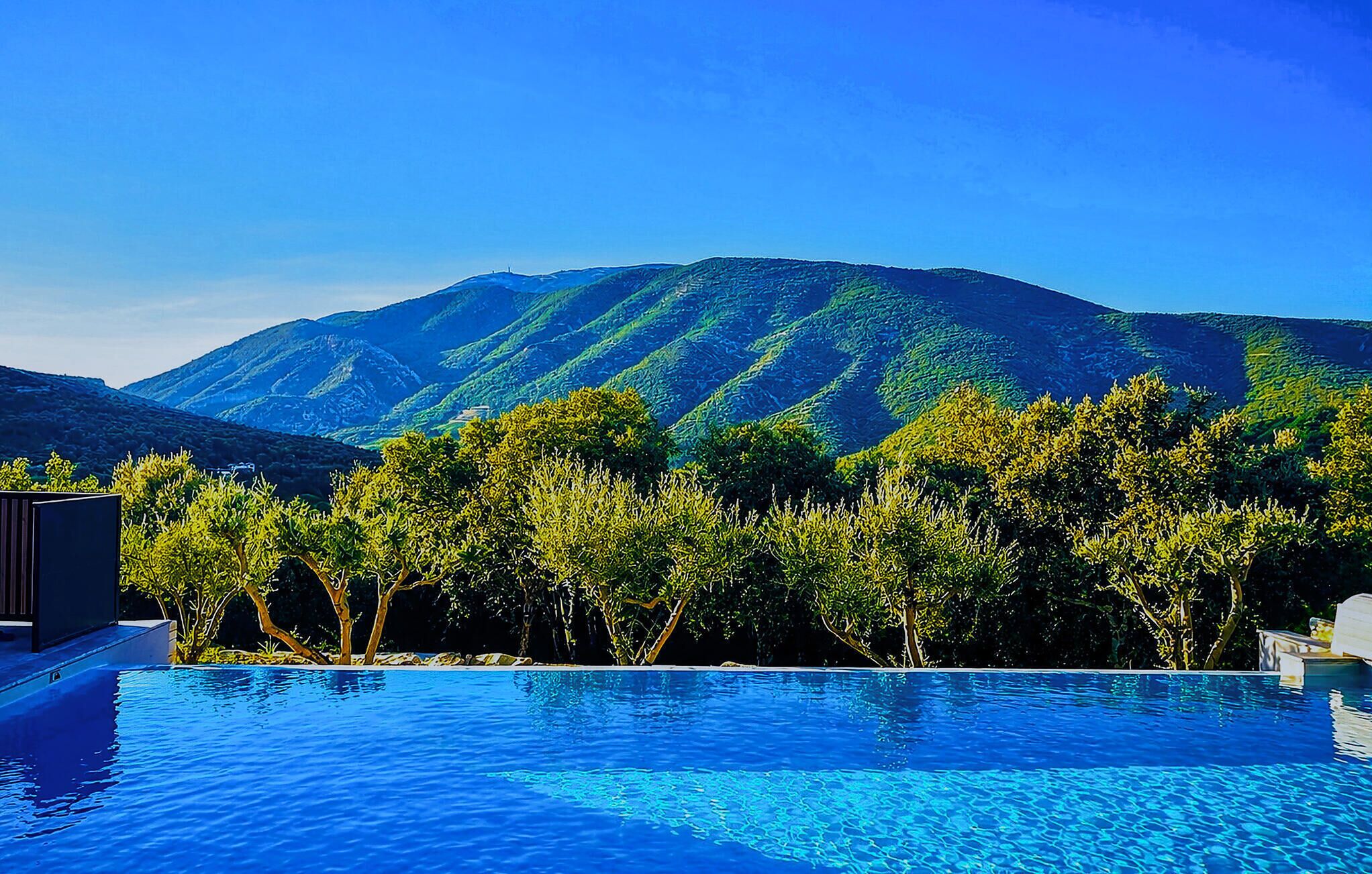 A swimming pool with a mountain backdrop.