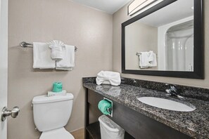 A bathroom with a toilet, sink, mirror, towel rack, and a trash bin. - Oceanfront King Studio + Beach Access + Lazy River (Myrtle Beach)