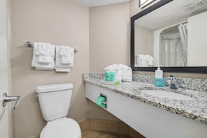 Shower, hair dryer, towels - Oceanfront King Studio w/ Sleeper Sofa + Pools (Myrtle Beach)