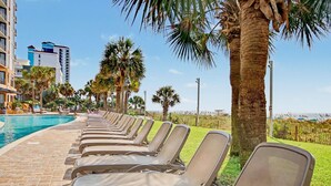 A row of sun loungers by a poolside with palm trees and a clear sky. - Oceanfront King Studio w/ Sleeper Sofa + Pools (Myrtle Beach)