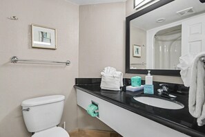 A bathroom with a toilet, sink, mirror, towel rack, and a framed picture on the wall. - Oceanfront King Studio w/ Sleeper Sofa + Pools (Myrtle Beach)