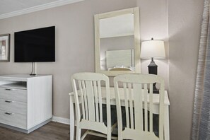 A room with a white desk, a chair, a mirror, a television, and a lamp. - Oceanfront Studio w/ Two Queens + Beach & Pools (Myrtle Beach)