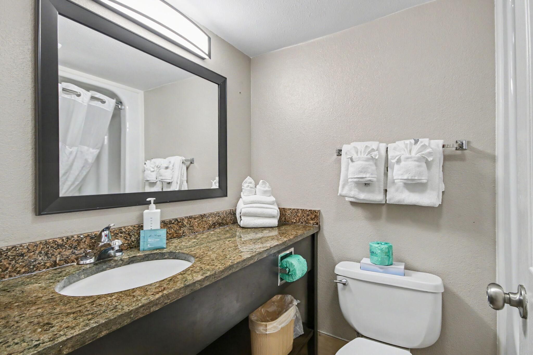 A bathroom with a granite countertop sink, a mirror, a toilet, and two towels hanging on the wall.