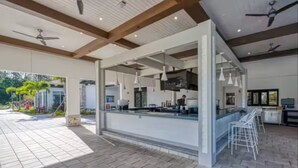 A spacious outdoor area with a bar, ceiling fans, and a view of the garden.
