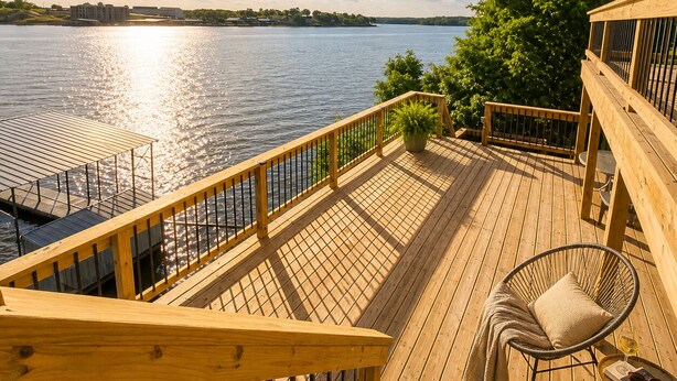 Um deck de madeira com vista para um lago, uma cadeira com almofada e uma pequena mesa com um copo.