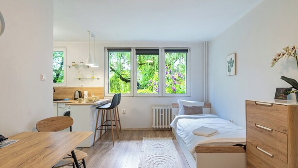 Una stanza compatta con un letto, una scrivania, una sedia, un termosifone e una finestra vista verde.