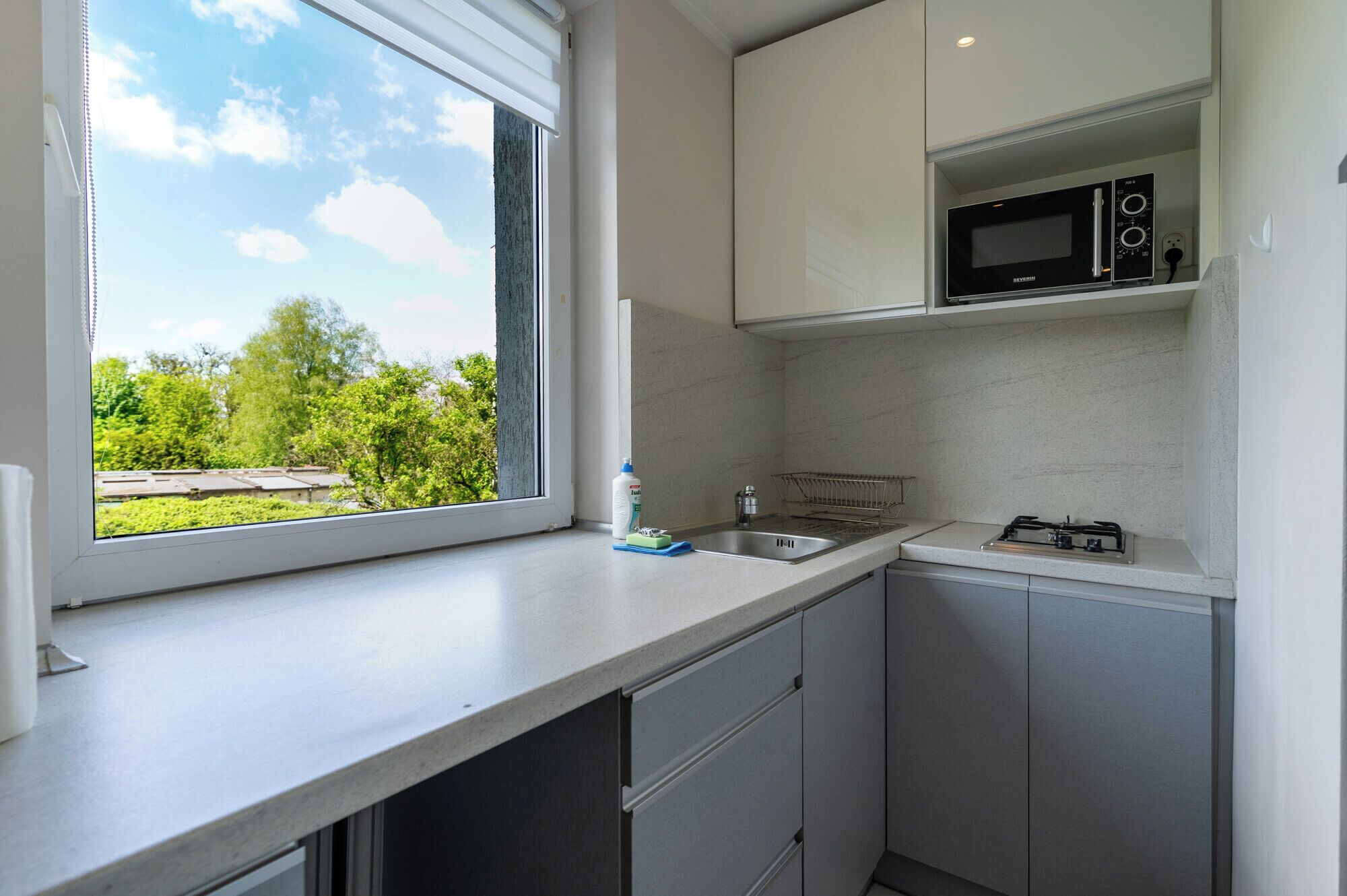 Fridge, microwave, stovetop, coffee/tea maker