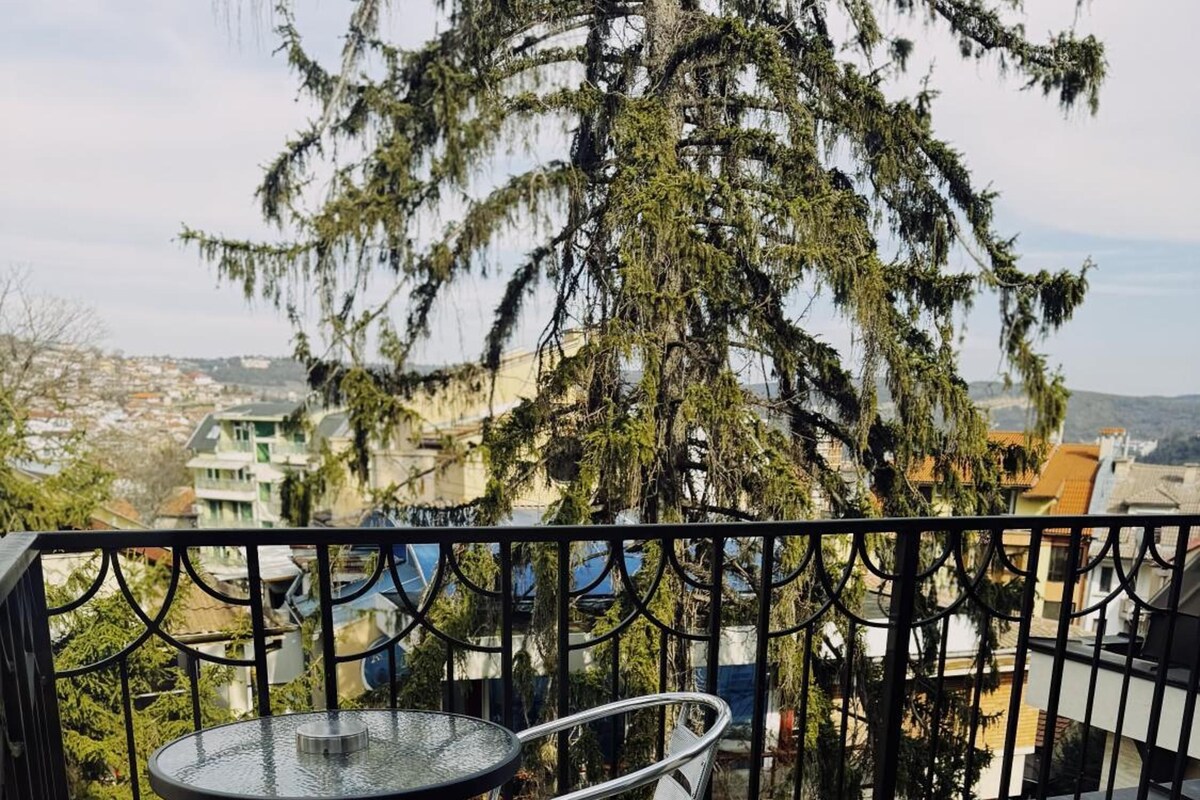 A balcony with a round table and two chairs, overlooking a residential area with houses and trees.
