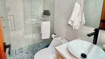 Shower, hair dryer, towels, soap