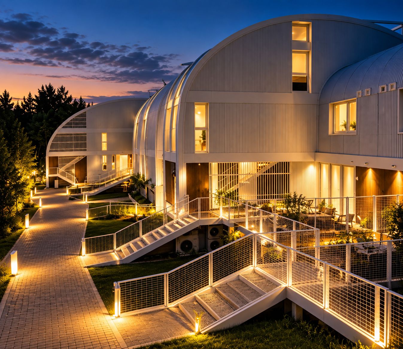 A modern building with a curved exterior, multiple levels, and a central staircase.
